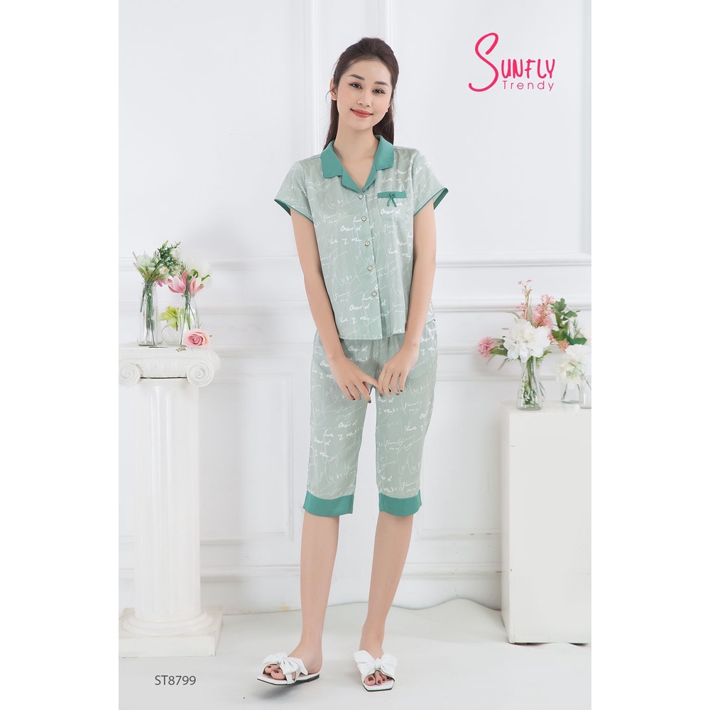 Bộ đồ Pijama nữ mặc ngủ SUNFLY. Bộ đồ bizama mặc ở nhà, chất vải lụa mềm mịn, họa tiết chữ, gam màu 