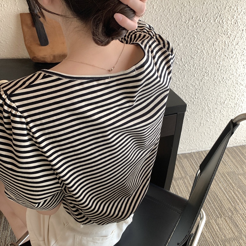 Áo Thun Tay Ngắn Cổ Vuông Dáng Rộng Họa Tiết Kẻ Sọc 51265 Thời Trang Cho Nữ