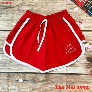 Quần đùi short nữ THE MEI 1992 cao cấp - Quần sooc nữ cạp chun chất cotton thể thao thêu chữ Gucci