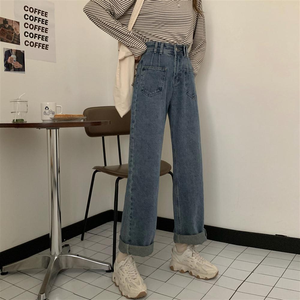 Quần Jeans Nữ Lưng Cao Ống Rộng Phong Cách Hàn Quốc