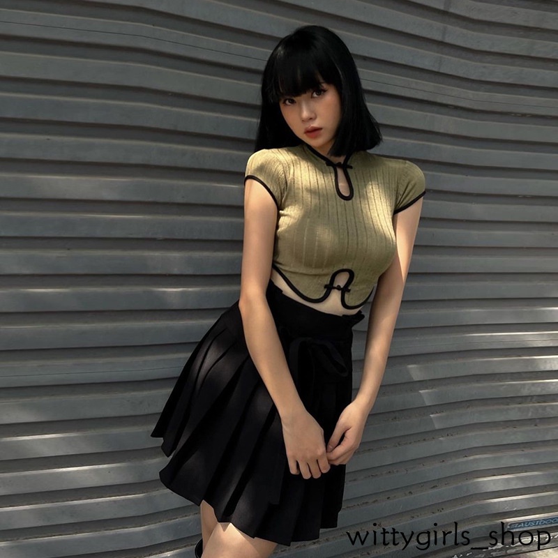 Wittygirls-áo Thun Crop Top Tay Ngắn Cổ Đứng Ôm Dáng Thiết Kế Rỗng Cài Khóa Phong Cách Trung Hoa