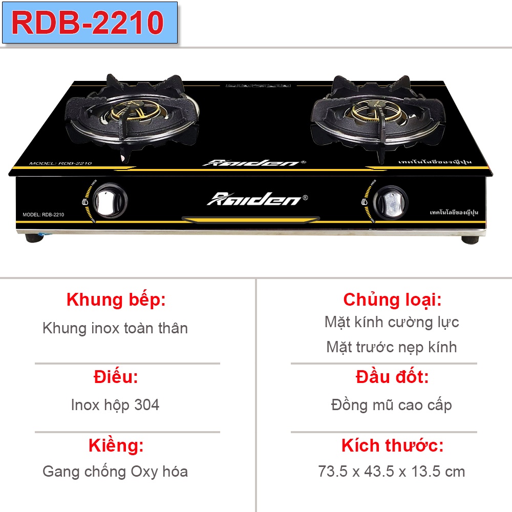 [Chính hãng] Bếp ga đôi Raiden RDB-2210 đầu đốt đồng, khung bếp inox toàn thân, mặt kính cường lực