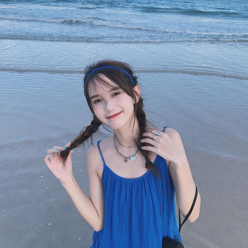 Đầm Hai Dây Màu Xanh Dương Phong Cách Pháp Thời Trang Đi Biển Mùa Hè