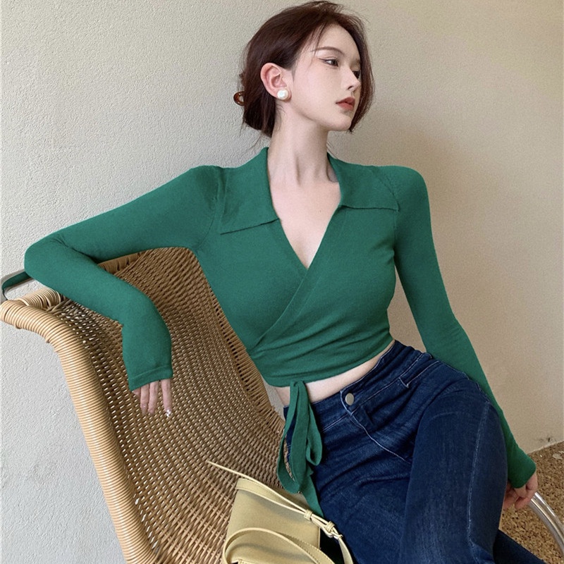 Áo Croptop Dệt Kim Cổ Bẻ Thời Trang Mùa Thu Cho Nữ | BigBuy360 - bigbuy360.vn