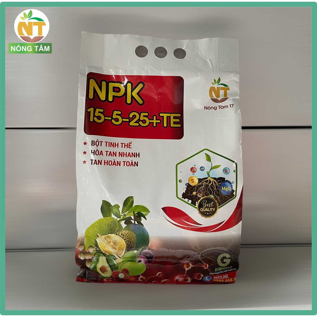 Phân bón NPK 15-5-25+TE bổ sung vi lượng, chất dinh dưỡng cho rau màu, cây ăn quả, gói 5kg