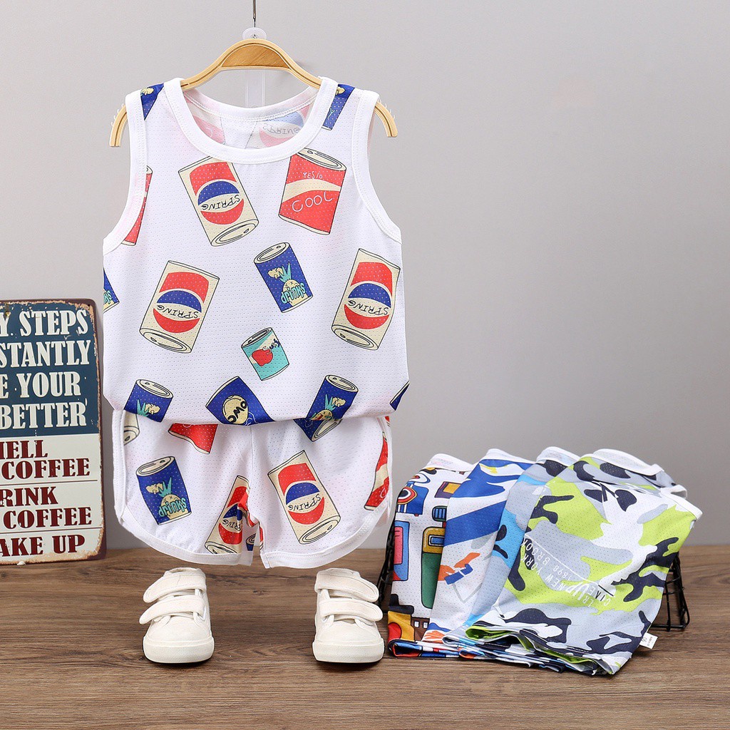 Set áo sát nách + quần short vải lụa lạnh phối lưới thoáng khí nhanh khô phong cách thể thao mới cho bé