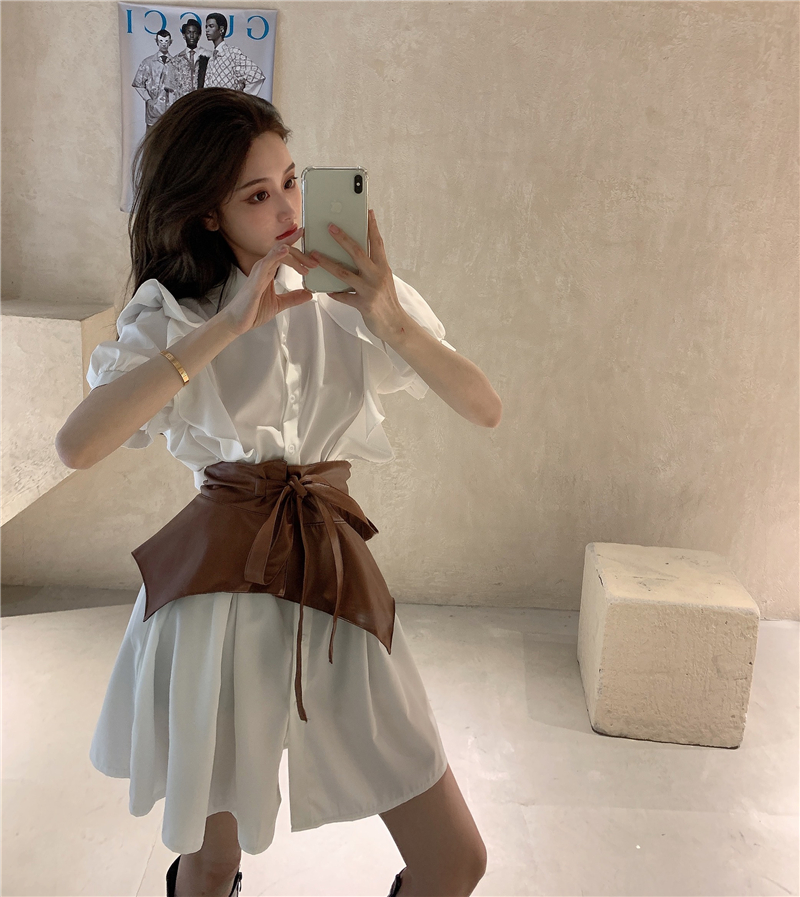 Váy sơ mi ngắn tay cao cấp phong cách cổ điển kèm thắt lưng da (Hàng Quảng Châu Có Sẵn) | BigBuy360 - bigbuy360.vn