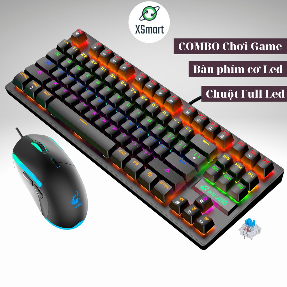 Bộ bàn phím cơ và chuột có dây đèn LED đổi màu siêu đẹp chơi game làm văn phòng cực đã K2+V7 (Đen)