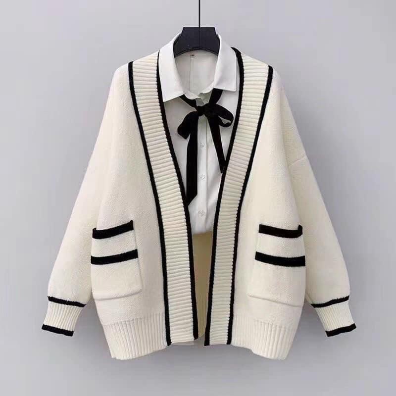 Áo khoác len, áo choàng cadigan có túi phối viền màu đen trắng dành cho nữ phong cách hàn quốc - xiaozhaivn