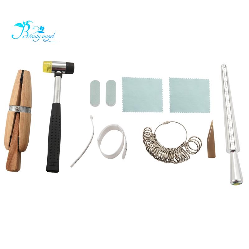 Bộ 12 dụng cụ nong nhẫn đá mã não + thanh đệm + vải lau + thước đo + búa cao su + kẹp gỗ + vòng đệm cao su + gá nhẫn