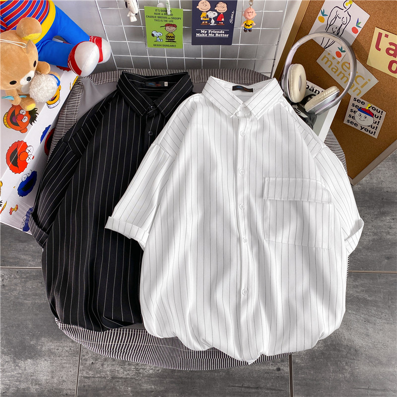 Áo sơ mi tay ngắn dáng rộng họa tiết kẻ sọc thời trang mùa hè cho unisex size M-3XL