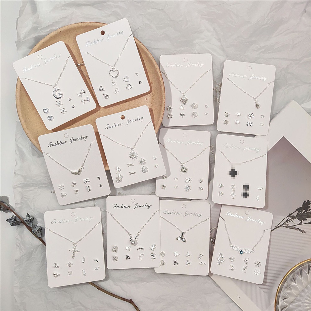Set 4 đôi khuyên tai + dây chuyền mạ bạc đính đá sang trọng hợp thời trang