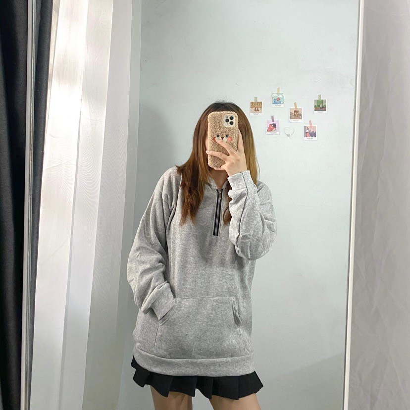 [Xả hàng] Hodie nỉ bông xám mũ khóa cổ cute siêu xinh