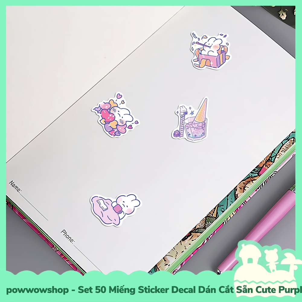 [Sẵn VN - Hỏa Tốc] Set 50 Miếng Sticker Decal Cắt Sẵn DIY Dán Trang Trí Vật Dụng Mẫu Thỏ Tím Cute Purple Rabbit Day Life