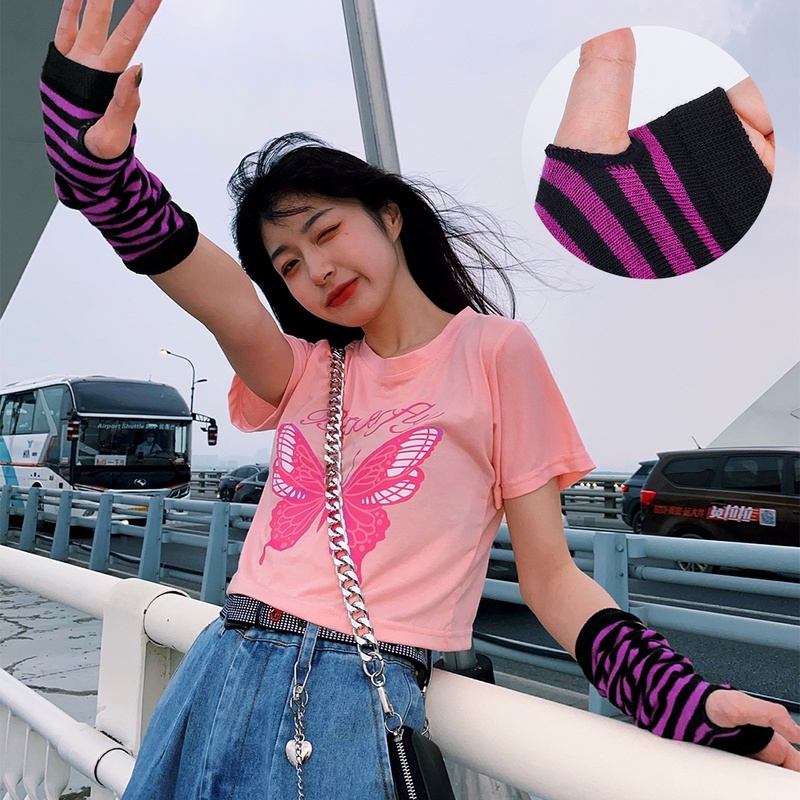 Găng Tay Dài Hở Ngón Chống Nắng Họa Tiết Kẻ Sọc Phong Cách Gothic Thời Trang