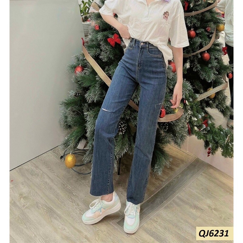 Quần jeans nữ ống đứng loe xuông, quần bò nữ lưng cao co dãn
