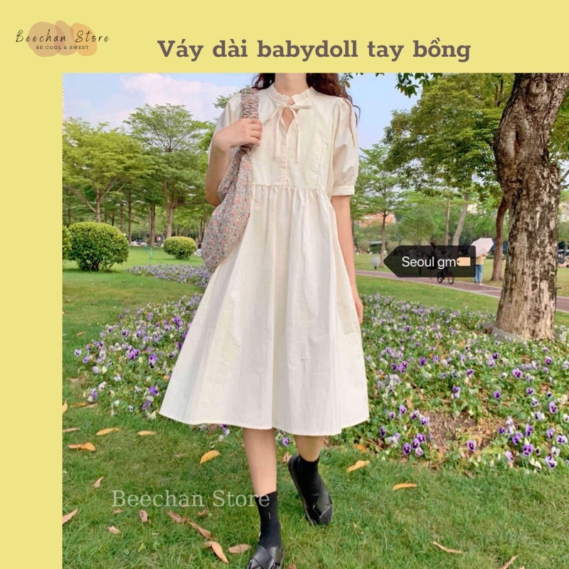 Đầm Dài Babydoll Tay Bồng Cột Nơ Màu Be Tôn Da Chất Vải Mềm Mại Form Rộng FREESHIP50K beechanstore