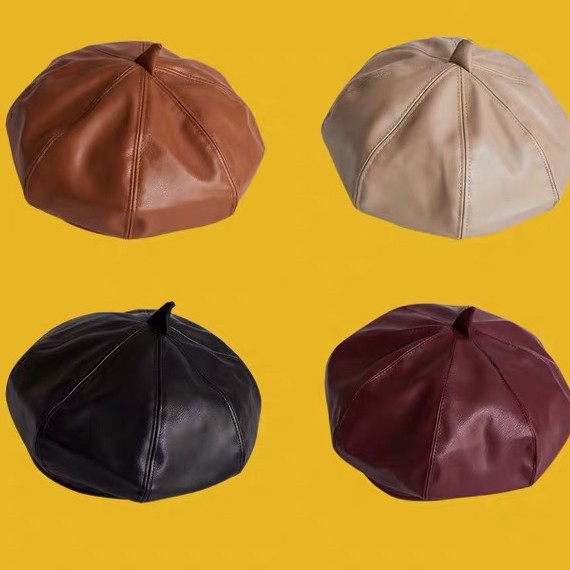 Nón Beret (mũ nồi) chất liệu da bóng màu đen cho nữ