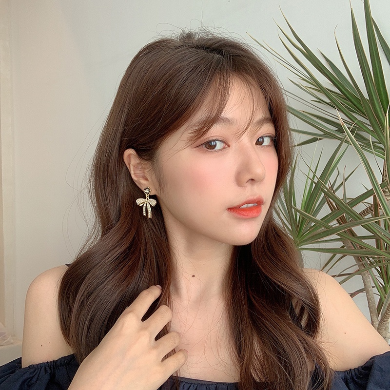 Bông Tai Hình Nơ Đính Ngọc Trai Màu Đen Phong Cách Hàn Quốc Dành Cho Nữ