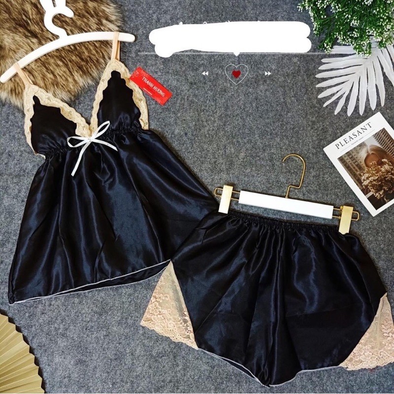 [Có size 71kg] Đồ ngủ sexy nữ/Đồ ngủ bigsize hai dây phối ren chất lụa phi hai dây chất mịn quyến rũ, mã 4
