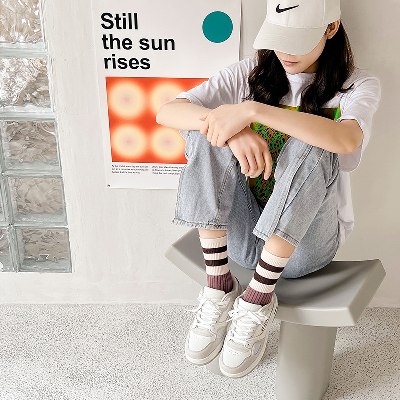 Vớ WAFNHA D574 họa tiết kẻ sọc màu trơn sáng tạo thời trang cho nữ