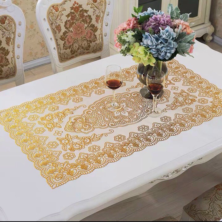 Khăn Trải Bàn Hoa Văn Ren Vàng Dập Nổi  Kích Thước 120 x 60cm, Giao Hoa Văn Ngẫu Nhiên