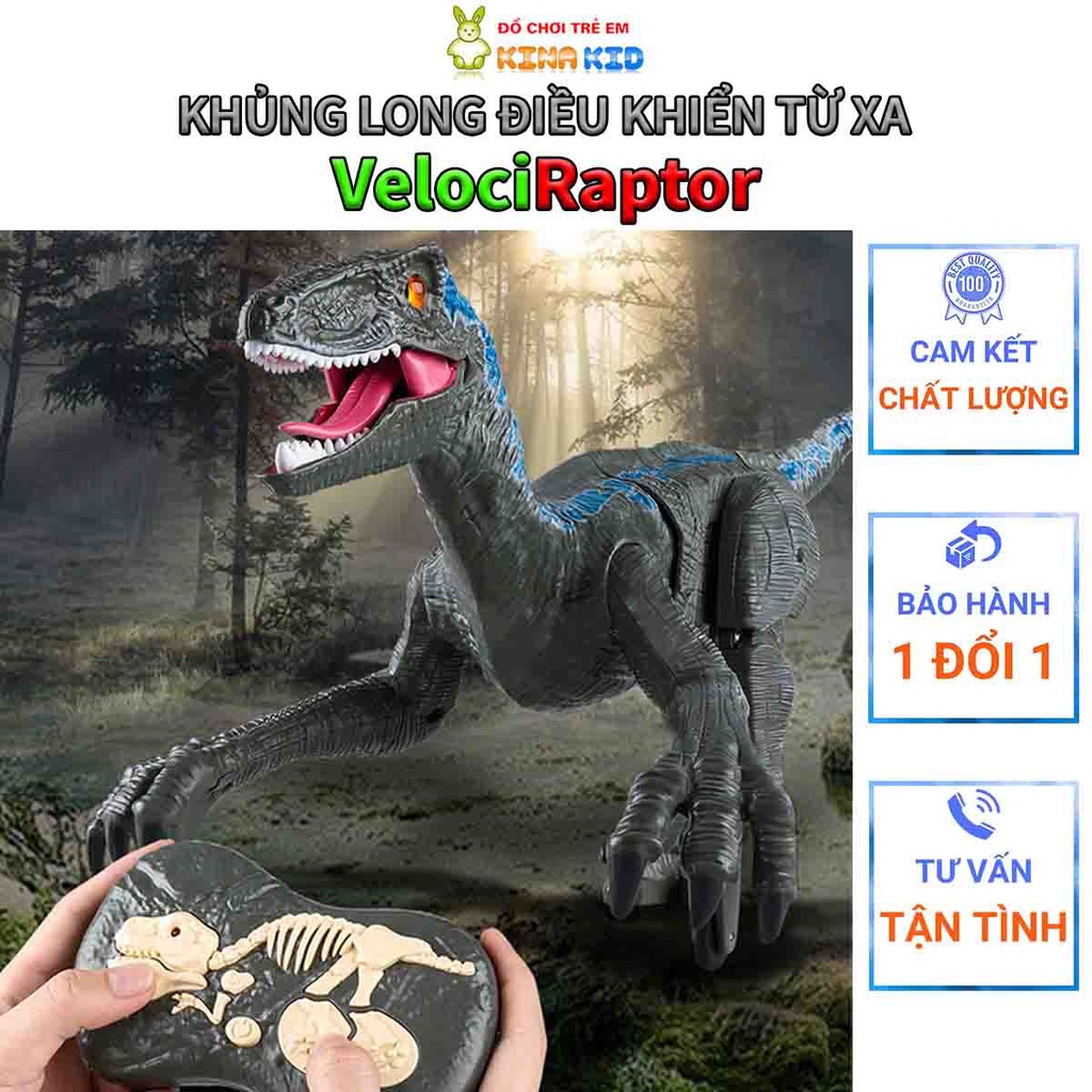 Khủng Long Điều Khiển Từ Xa Velociraptor, Kích Cỡ Lớn, Sóng 2.4Ghz, Di Chuyển Linh Hoạt, Có Đèn Và Tiếng Gầm Sinh Động