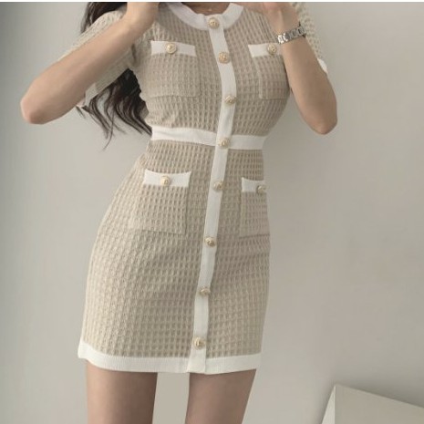 QADCOL  Đầm dệt kim dáng ôm thời trang pháp cổ điển thanh lịch cho nữ