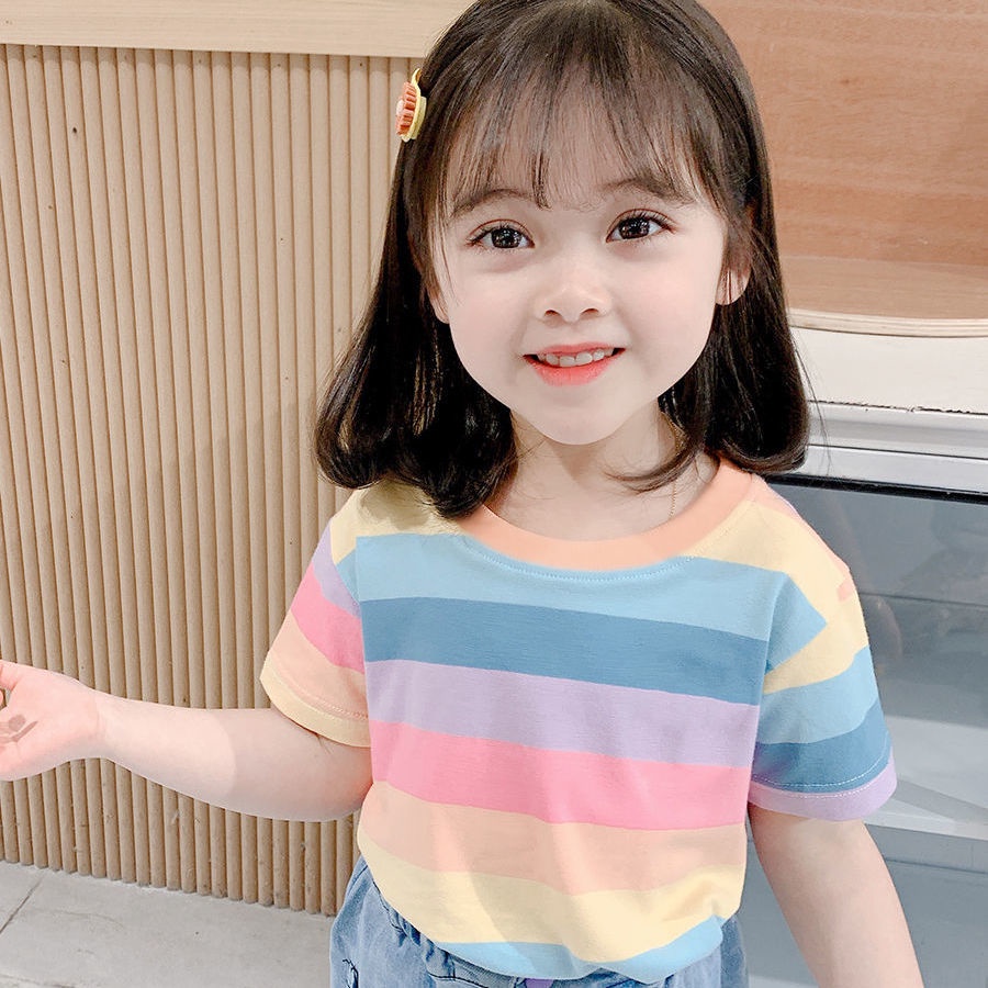 Áo Thun Tay Ngắn Họa Tiết Sọc Đỏ Cho Bé Gái 1-6 Tuổi