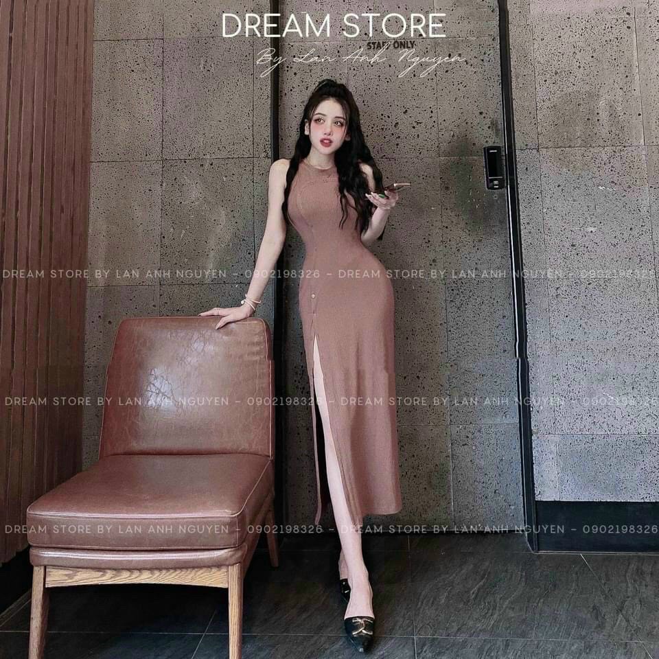 [8.8 Sales Freeship] Đầm nữ ôm body, đầm thun gân cổ tròn sát nách xẻ tà dáng dài, đầm ôm phối nút siêu tôn dáng dx