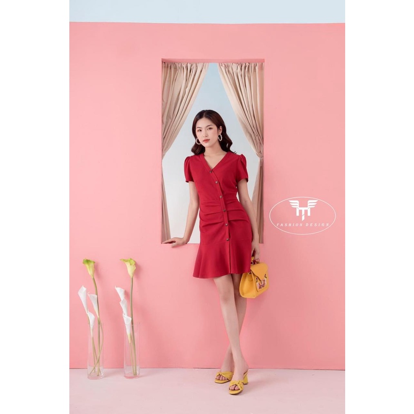 Đầm váy kẻ - váy trơn đuôi cá xếp li eo che khuyết điểm bụng phối cúc gỗ lệch tay bồng nhẹ trẻ trung TV05-HTDesign