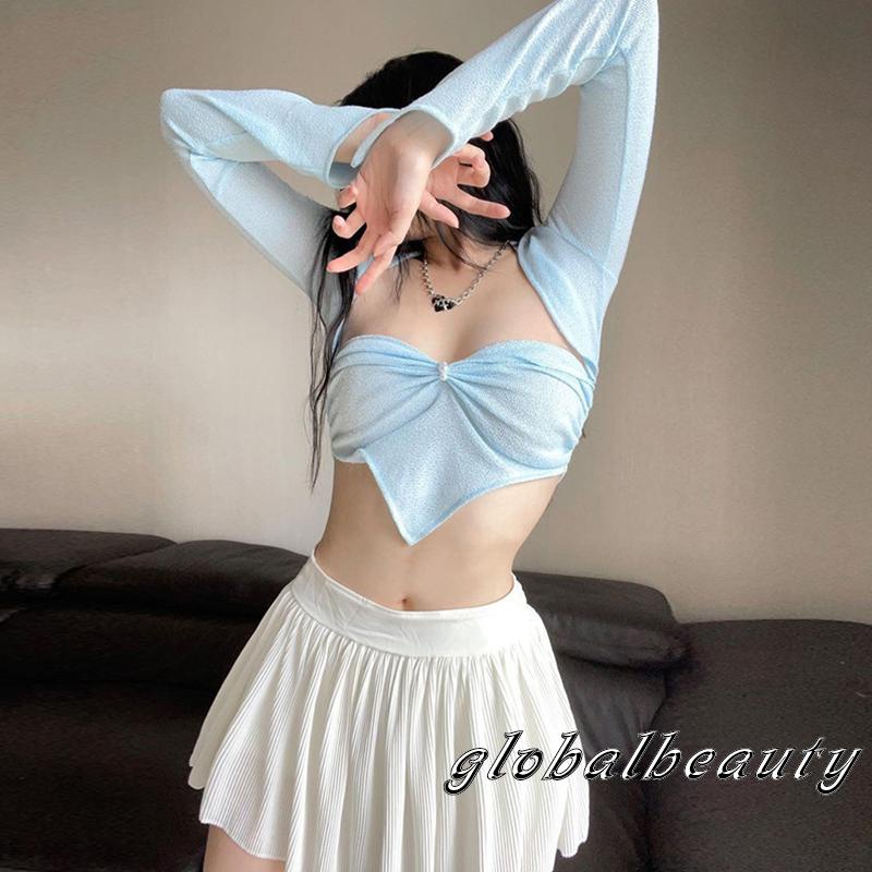 Gb Áo Croptop Không Tay Cổ Khoét Sâu Cột Dây Đính Ngọc Trai Giả Màu Xanh Dương Viền Tam Giác Trang Trí Cho Nữ