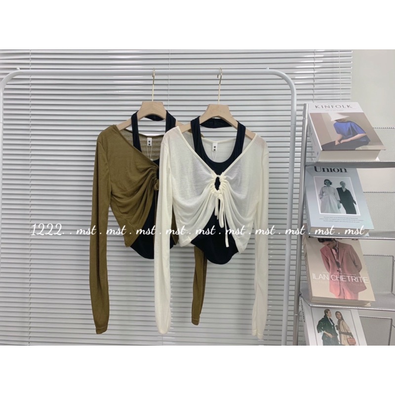 Set 2 món tách rời áo croptop dài tay cổ rút kèm áo bra phong cách cá tính dành cho nữ kèm ảnh thật