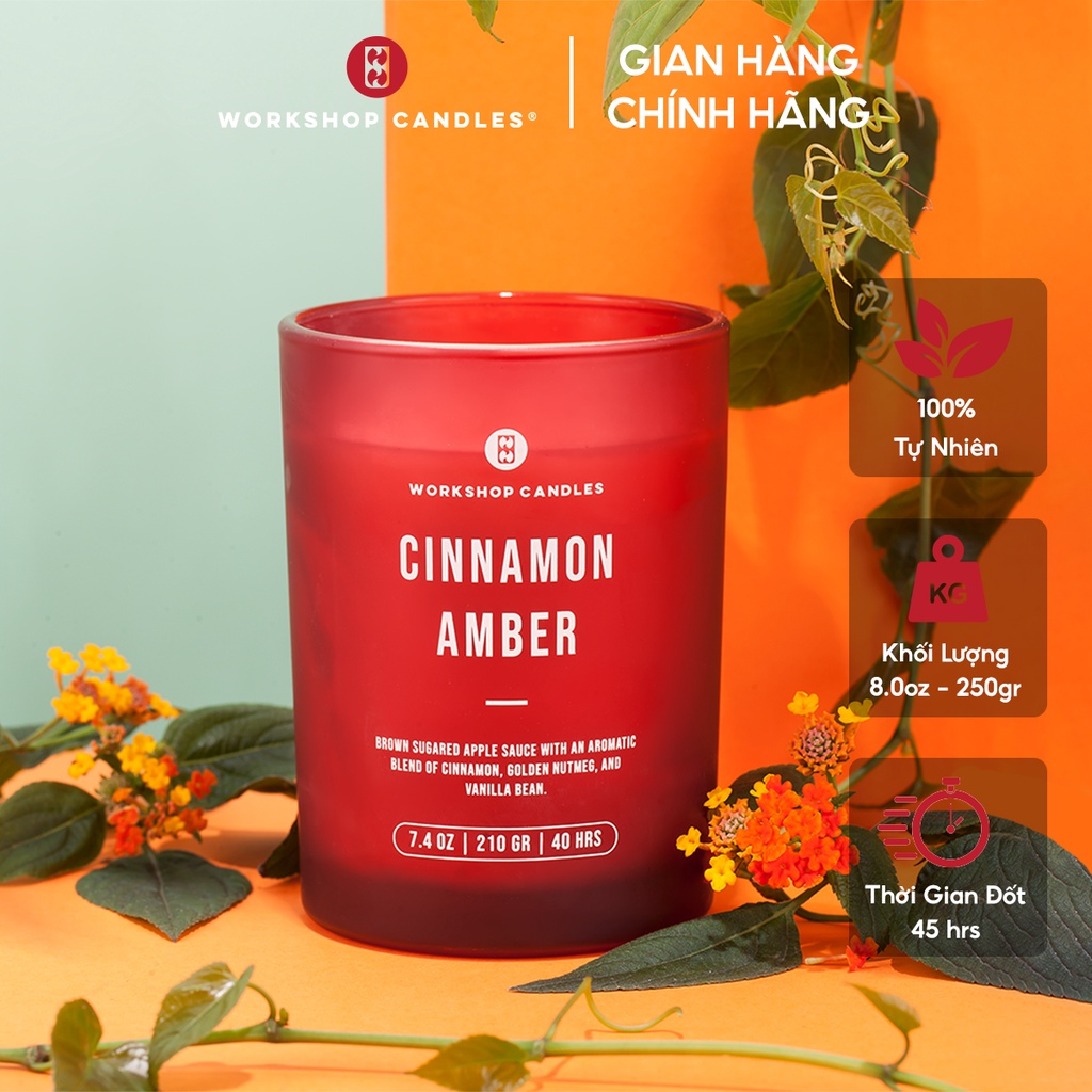 Nến thơm Cinnamon Amber Workshop Candles H&amp;H Home 8 oz hương táo quế trầm ấm