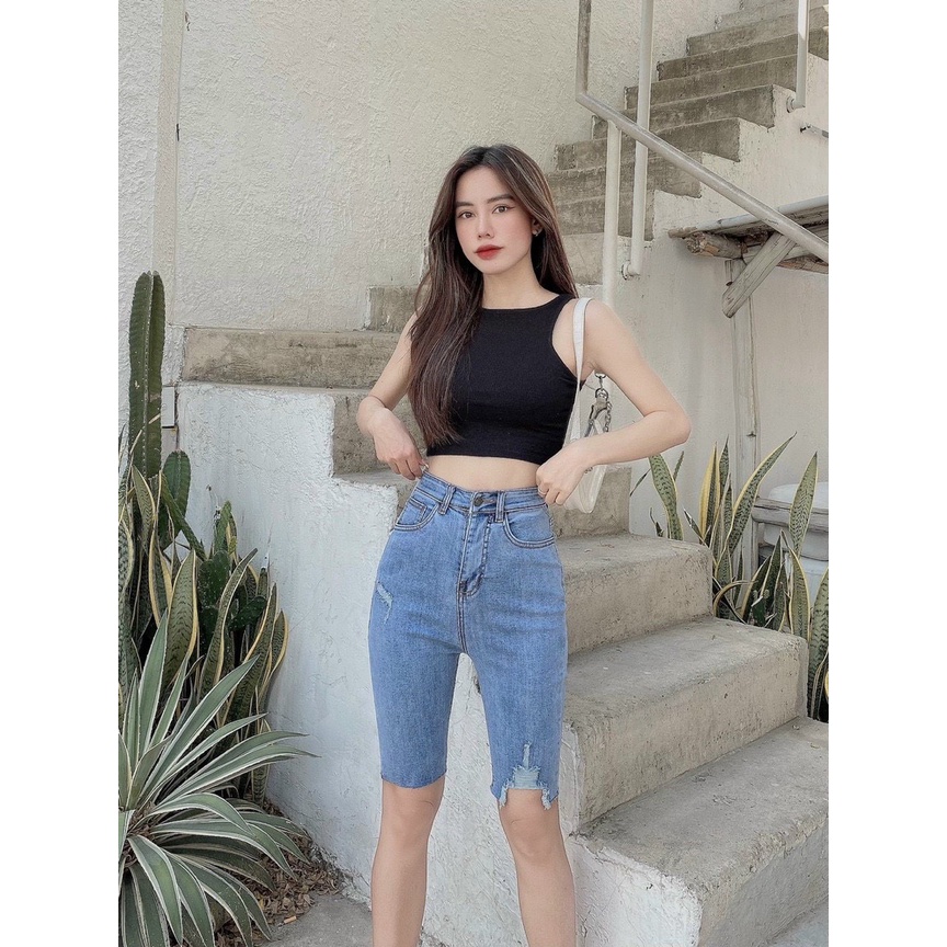 Quần jean ngố nữ co giãn rách gối cực phong cách, chất jean cotton mềm mại, bền màu AnNgo - AT186