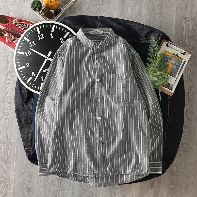 Men's fashion style vertical plaid long-sleeve shirt