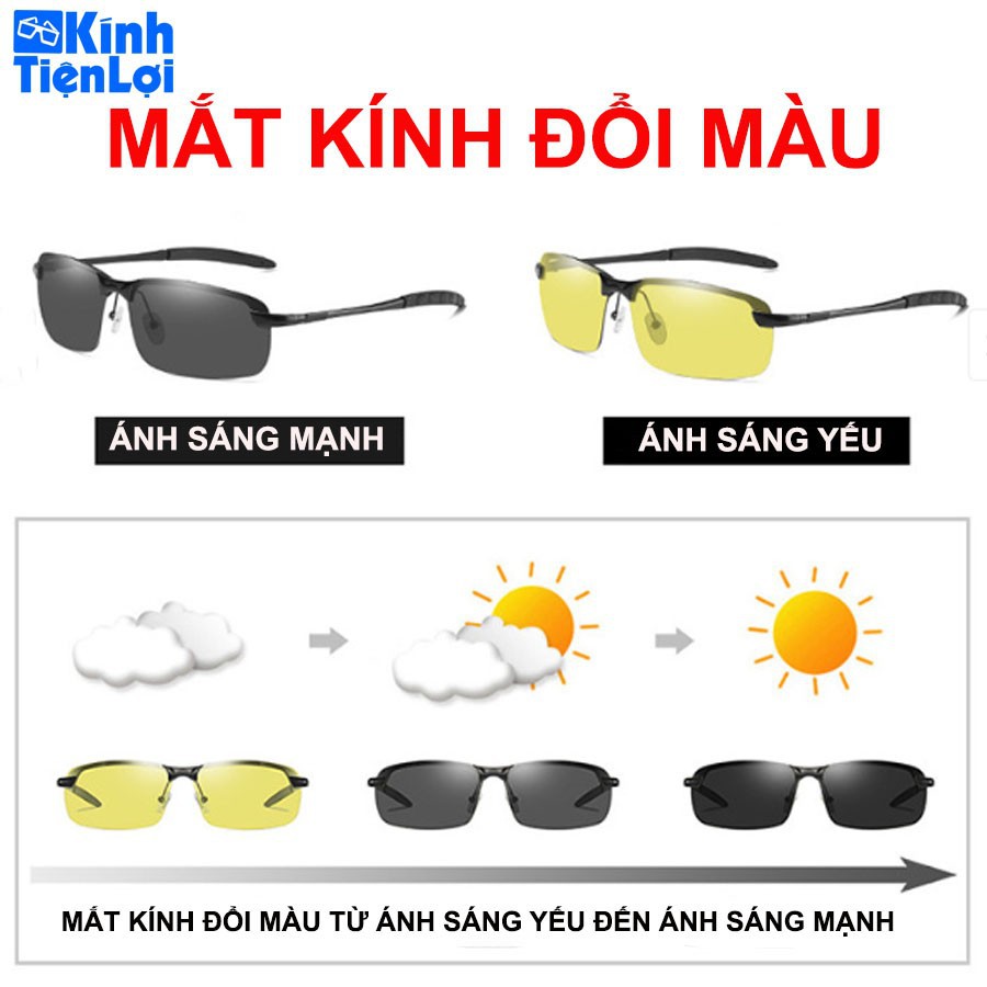 Kính đổi màu đi ngày và đêm gọng thép không gỉ nhẹ, mắt kính polarized phân cực, chống UV