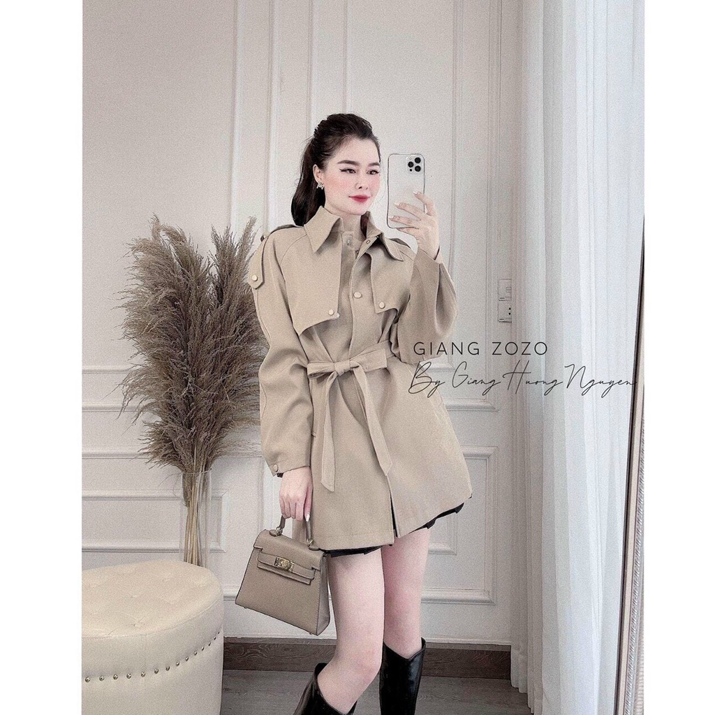 Áo khoác măng tô kaki nữ dáng lỡ kèm đai