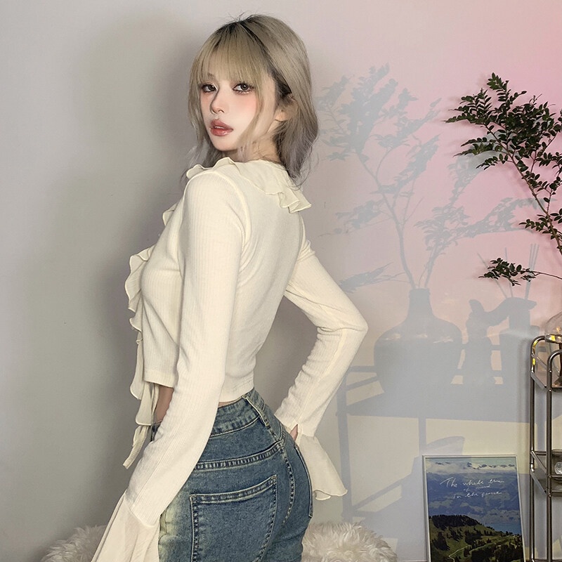 Kliou 2023 Mới Áo crop top Kliou tay dài ống loe nhún bèo thời trang Pháp tinh tế cá tính cho nữ