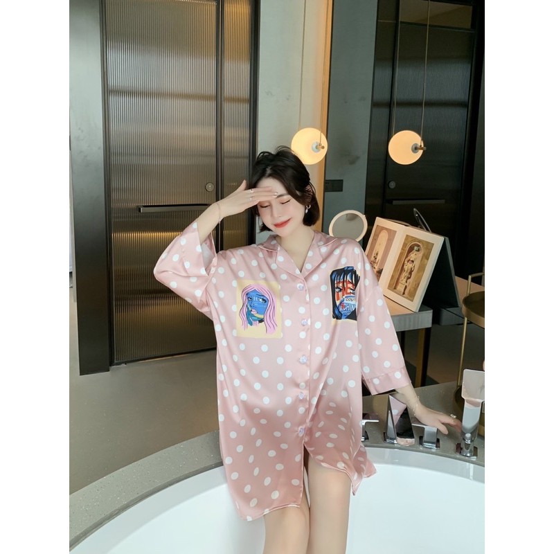 [Cao Cấp] Đầm Ngủ Pajamas Sơ Mi Phom Rộng Phi Lụa Cao Cấp, Đầm Sơ Mi Lụa Satin Mịn Mát &amp; Ít Nhăn (3 mẫu)