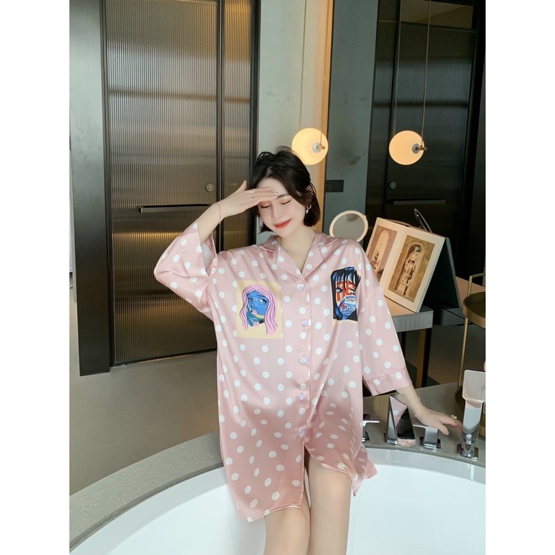 [Cao Cấp] Đầm Ngủ Pajamas Sơ Mi Phom Rộng Phi Lụa Cao Cấp, Đầm Sơ Mi Lụa Satin Mịn Mát & Ít Nhăn (3 mẫu)