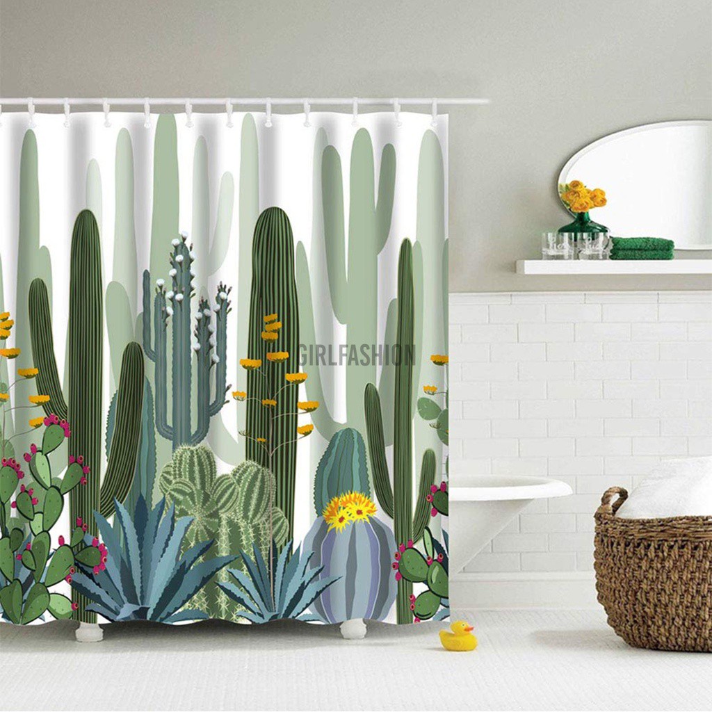 4x Cactus Waterproof Bathroom Shower Curtain Toilet Non-slip Cover Mat Rug Set