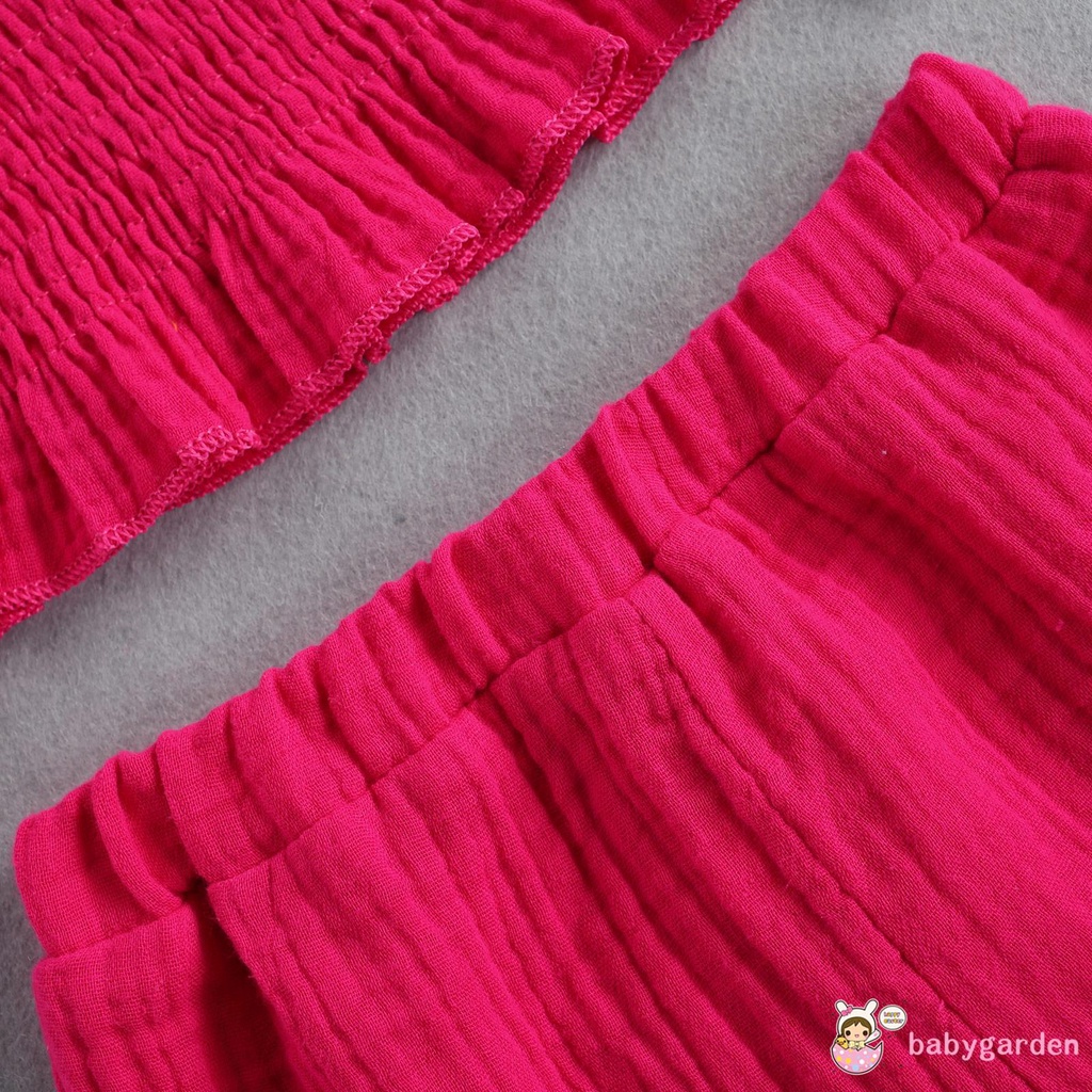 Áo Trễ Vai Tay Loe Màu Trơn + Quần Ngắn + Băng Buộc Đầu Hợp Thời Trang Cho Bé Gái