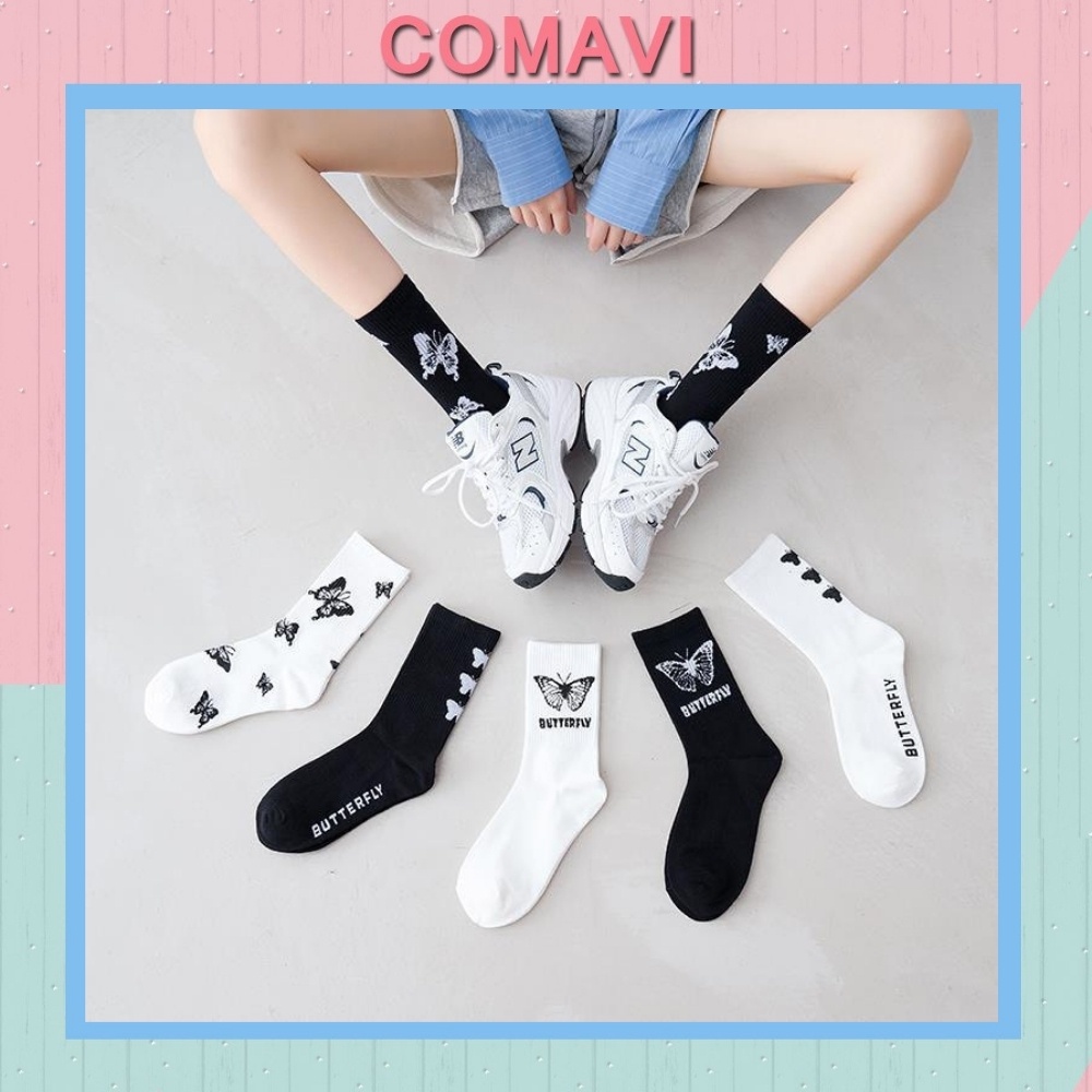 Vớ cao cổ unisex màu đen trắng hoạ tiết bướm butterfly TN38