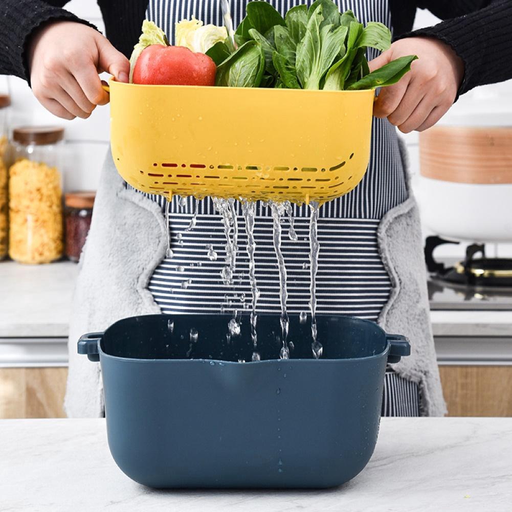 Strainer Double-layer Drain Basket with Lid Plastic Fruit Storage Basket Kitchen Refrigerator Drain Storage Box