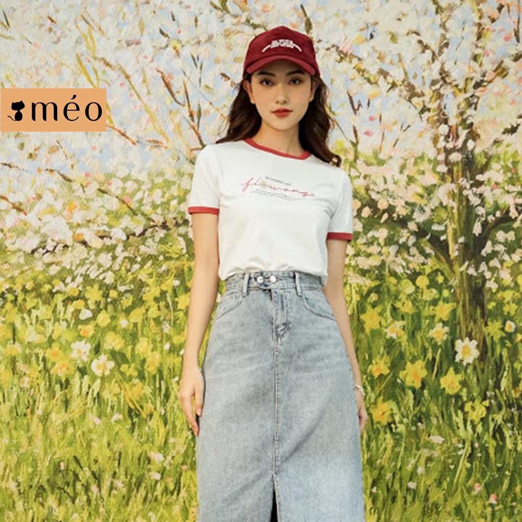 Áo thun tay lỡ Méo shop phông nữ cổ tròn cotton in chữ Blooming forrm vừa