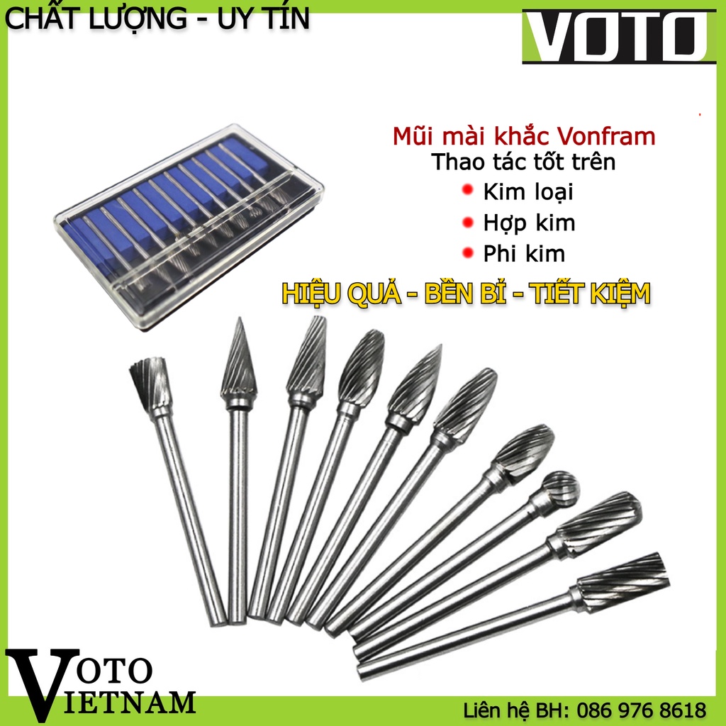 Bộ 10 mũi mài khắc mini bằng thép vonfram đầu 6mm, cán 3mm, sọc đơn, kèm hộp đựng