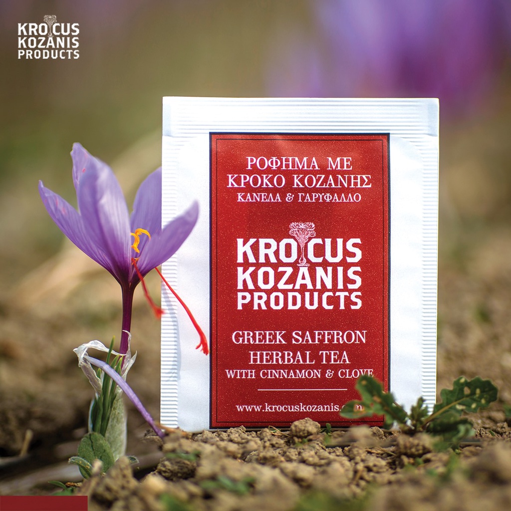 Trà thảo mộc hữu cơ với quế, đinh hương và saffron Hy Lạp nhãn hiệu Krokos Kozanis hộp 18g