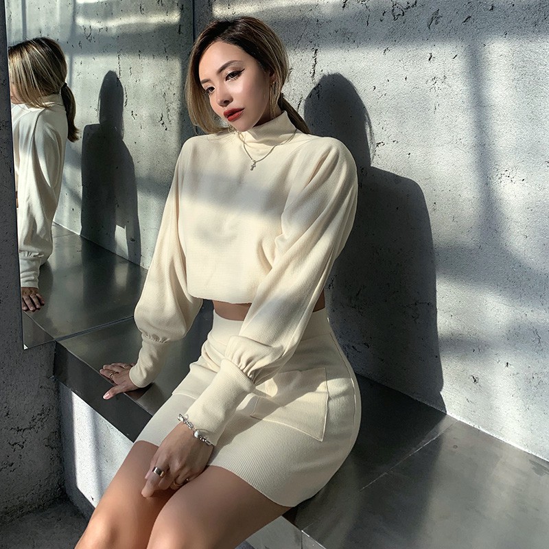 Set áo croptop cổ lọ &amp; chân váy HS102 Hỉn Hỉn Store