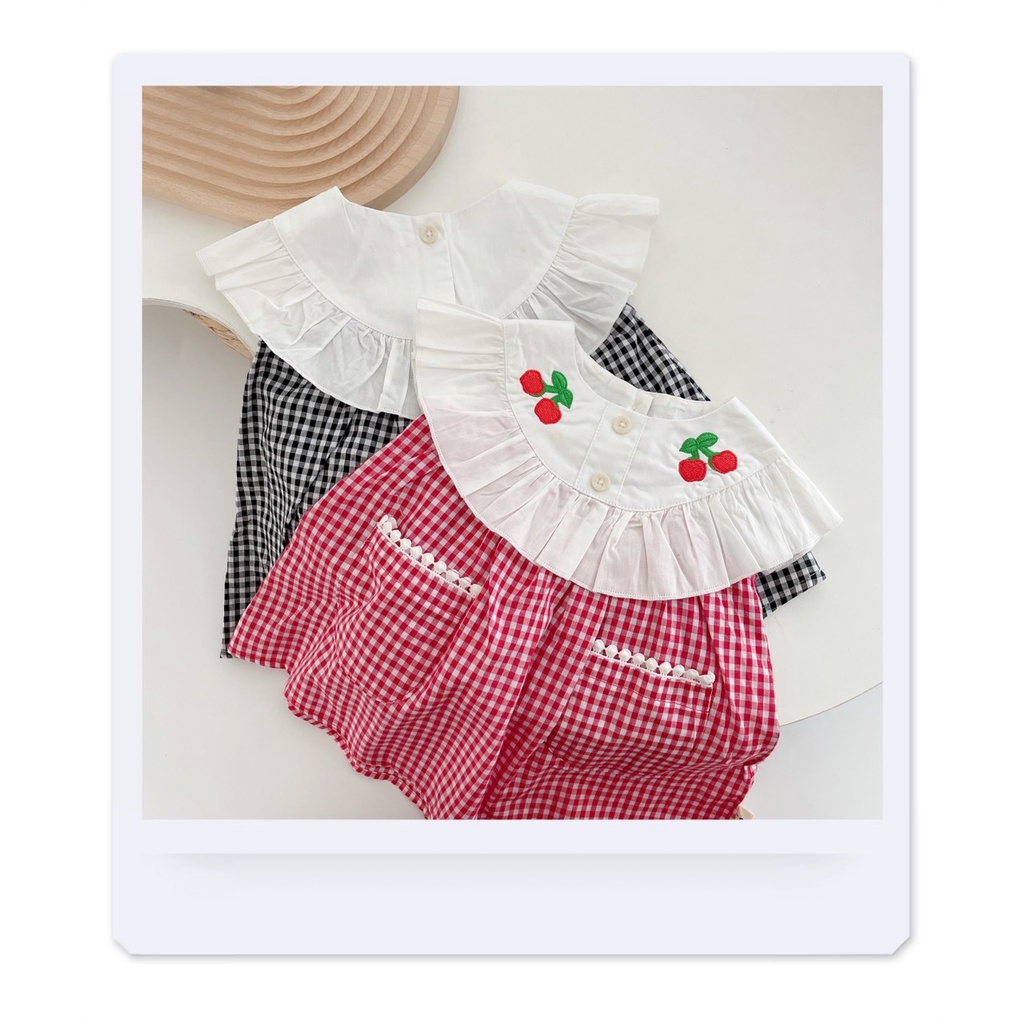 Váy hè caro thêu cherry chất vải thô mỏng mát mặc hè cho bé gái 8-20Kg-MaiMaiShop